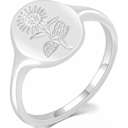 Signet Flower Ring - טבעת חותם פרח - JewelsOnline